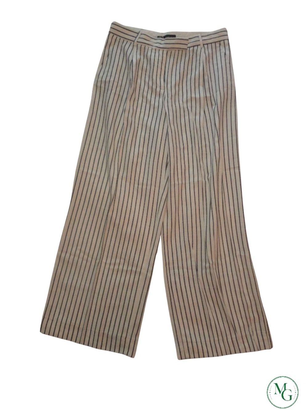 ZARA Striped Wide Leg Trousers Cream Navy Blue Linen Blend High Rise Pants M